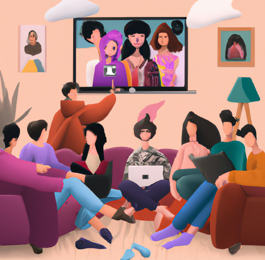 slika ustvarjena z umetno inteligenco - skupina ljudi sedi pred televizorjem na katerem so drugi ljudje 