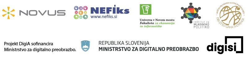 Logotipi projekta DigiA: Društvo Novus, Zavod Nefiks,  Inštitut za mladinsko politiko, Univerza v Novem mestu Fakulteta za ekonomijo in informatiko in Društvo GAHA Slovenija. Financer projekta je Ministrststvo za digitalno preobrazbo.