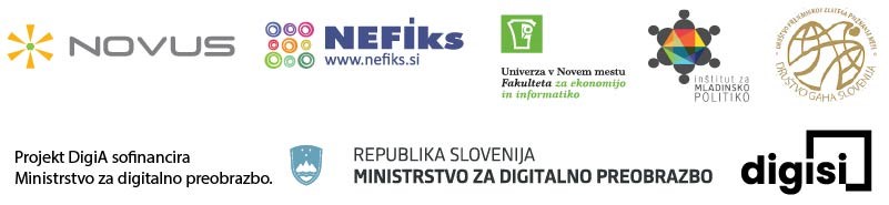 Logotipi projekta DigiA: Društvo Novus, Zavod Nefiks, Inštitut za mladinsko politiko, Univerza v Novem mestu Fakulteta za ekonomijo in informatiko in Društvo GAHA Slovenija. Financer projekta je Ministrststvo za digitalno preobrazbo.