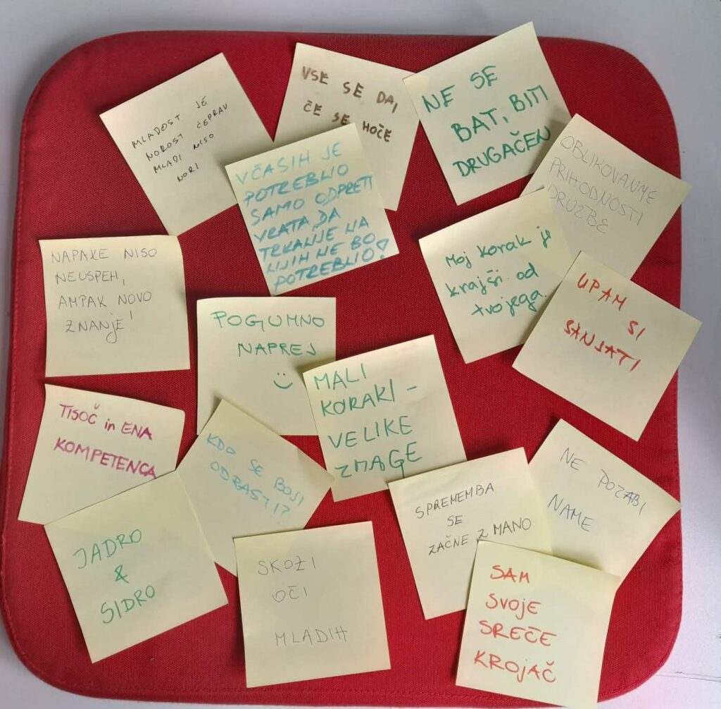 Slika post it listov, na katerih so udeleženci usposabljanja napisali ime filma, če bi film govoril o mladinskem delu.