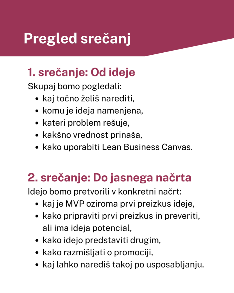1. srečanje: Od ideje
Skupaj bomo pogledali:
• kaj točno želiš narediti,
• komu je ideja namenjena,
• kateri problem rešuje,
• kakšno vrednost prinaša,
• kako uporabiti Lean Business Canvas. 2. srečanje: Do jasnega načrta
Idejo bomo pretvorili v konkretni načrt:
• kaj je MVP oziroma prvi preizkus ideje,
• kako pripraviti prvi preizkus in preveriti, ali ima ideja potencial,
• kako idejo predstaviti drugim,
• kako razmišljati o promociji,
• kaj lahko narediš takoj po usposabljanju.