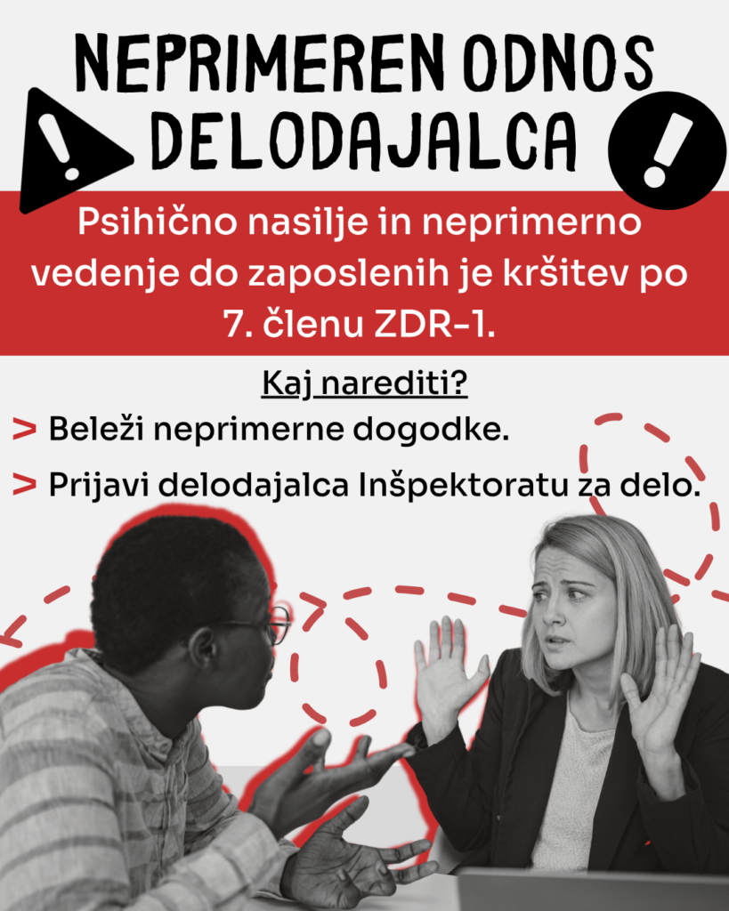 Besedilo obravnava trpinčenje na delovnem mestu in nadlegovanje. Na grafiki je sta opodobljeni dve osebi, ki imata neko nestrinjanje in se kregata.