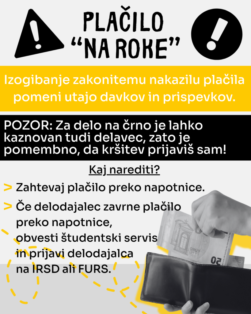 Besedilo na grafiki obravnava delo na črno. Na grafiki je upodobjena roka, ki iz denarnice jemlje denar.